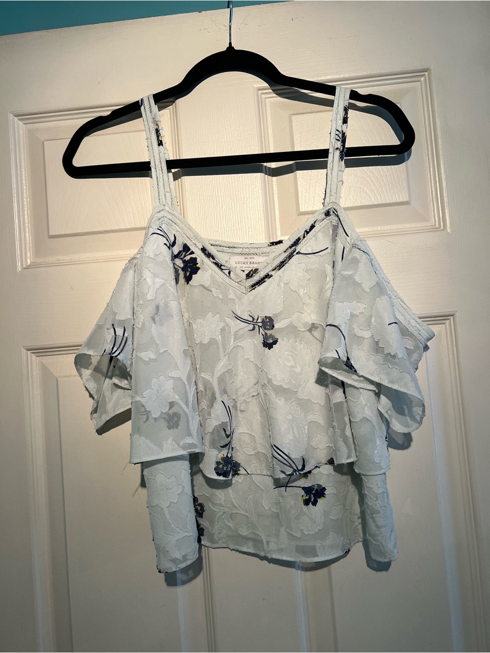 Lucky Brand Light Blue Floral Cold-Shoulder Lace Camisole with Navy Accents